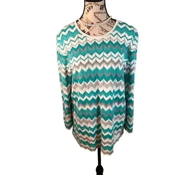 Alfred Dunner Large Turquoise Gray White Open Knit Chevron Sweater 3/4 Sleeve - Picture 1 of 6